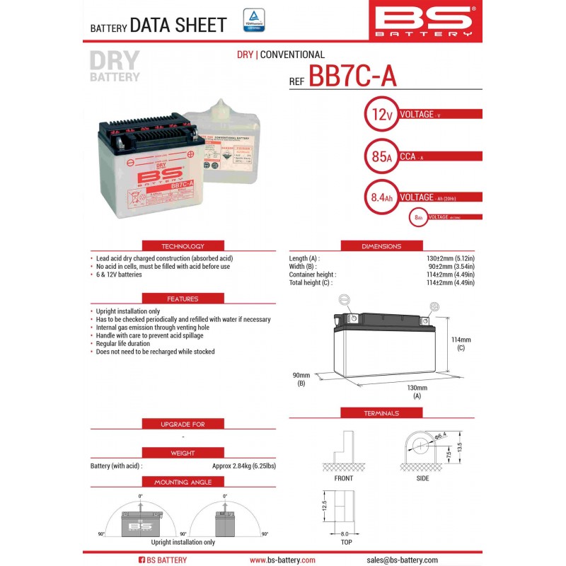 BS AKUMULATOR BB7C-A (YB7C-A) 130X90X114 Z ELEKTROLITEM OSOBNO - KONWENCJONALNY (85A) (6) UE2019/1148