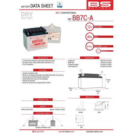 BS AKUMULATOR BB7C-A (YB7C-A) 130X90X114 Z ELEKTROLITEM OSOBNO - KONWENCJONALNY (85A) (6) UE2019/1148