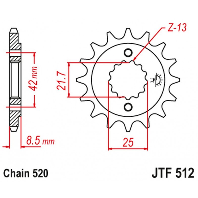 JT 2021/12 ZĘBATKA PRZEDNIA 525 13 KAWASAKI ZXR 400, KLE 500 '91-'96 (-1), GPZ 500S (-1) (52513JT) (ŁAŃC. 520)