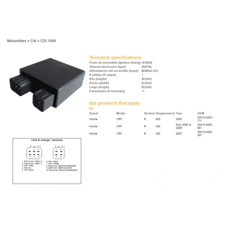 DZE MODUŁ ZAPŁONU CDI HONDA CRF 450R '05-'07 (30410-MEN-711, 30410-MEN-861, 30410-MEN-A01)