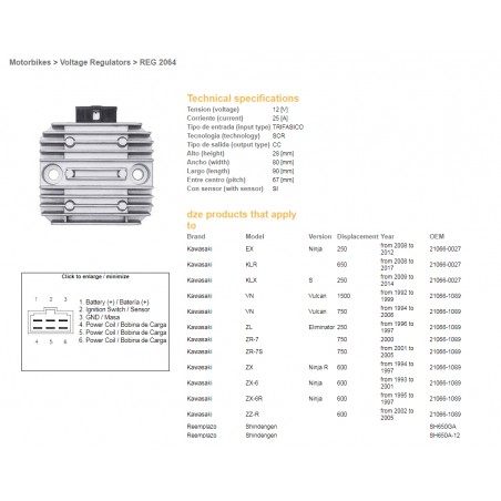 DZE REGULATOR NAPIĘCIA KAWASAKI VN/ZL/ZZR 600/ZX 6R 95-97 (RGU-404,ESR260) (21066-1089, 21066-027) (SH650GA, SH650A-12)