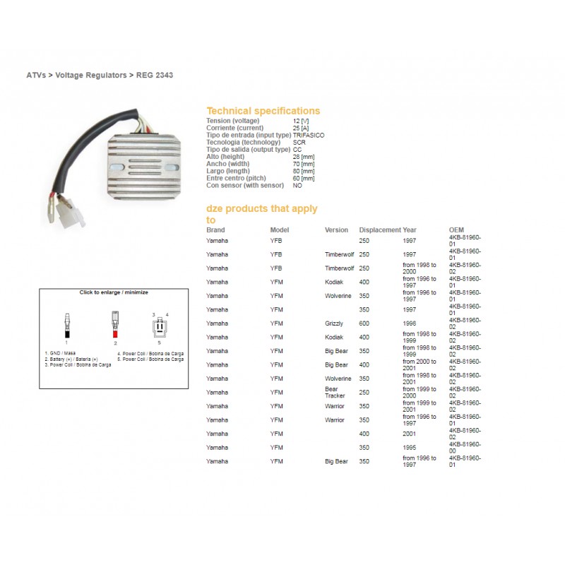 DZE REGULATOR NAPIĘCIA YAMAHA YFM 350 BIG BEAR '96-'99, WARRIOR 350 '96-'01, WOLVERINE 350 '95-'01, YFM 400/600 (ESR633)