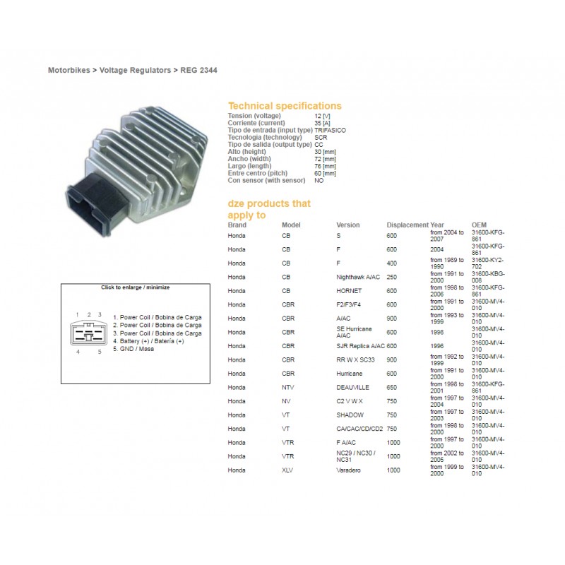 DZE REGULATOR NAPIĘCIA HONDA CBR/CBF/CB/NTV/VFR/VT/VTR (35A) (RGU-107,CL691-12,ESR580 ESR587)