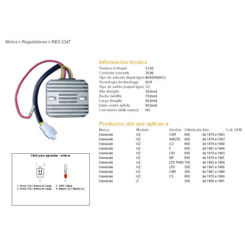 DZE REGULATOR NAPIĘCIA KAWASAKI KZ440 LTD 79-83, KZ650 CSR/C/SR/LTD 78-84 (JEDNOFAZOWY)