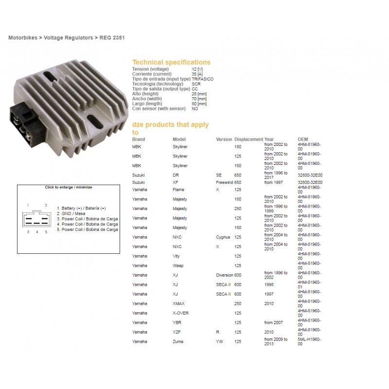 DZE REGULATOR NAPIĘCIA YAMAHA XJ600 DIVERSION 96-02, YBR125, YZF125R, MAJESTY 125/250 (4HM-81960-00), SUZUKI DR650SE 96-17 (3280