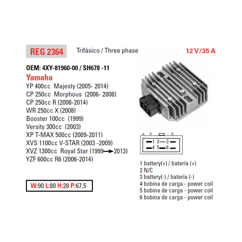 DZE REGULATOR NAPIĘCIA YAMAHA XVS 1100 '03-'08, R6 '06-'10, XVZ1300 '99-'08 (OEM-4XY-81960-00) (ESR135)