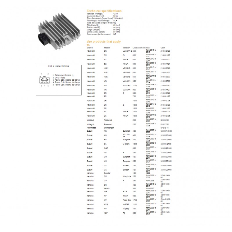 DZE REGULATOR NAPIĘCIA KAWASAKI ER 6/KLE 650/ Z 750 /Z 1000, YAMAHA T-MAX 500, XVS 1100 V-STAR, YZF R6, SUZUKI DL 1000V '02-06, 