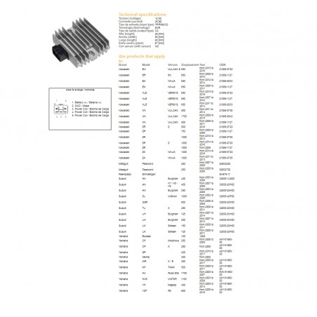 DZE REGULATOR NAPIĘCIA KAWASAKI ER 6/KLE 650/ Z 750 /Z 1000, YAMAHA T-MAX 500, XVS 1100 V-STAR, YZF R6, SUZUKI DL 1000V '02-06, 