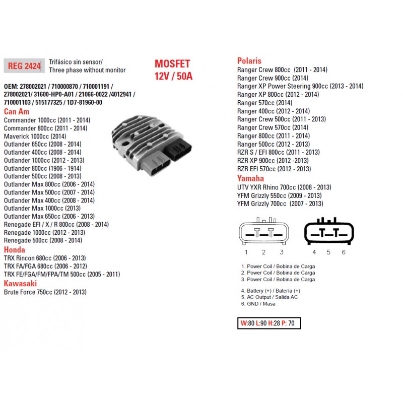 DZE REGULATOR NAPIĘCIA CAN-AM 400/500/650/800/1000, HONDA TRX500/650/680, KAWASAKI KVF750 12-13, POLARIS 400/500/550/570/800/900