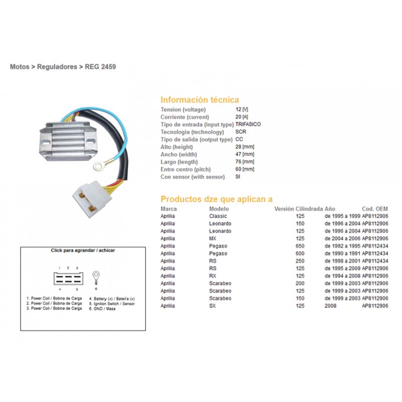 DZE REGULATOR NAPIĘCIA APRILIA PEGASO 600/650 90-95, RS125 95-09 (20A), LEONARDO, SCARABEO (ESR087)