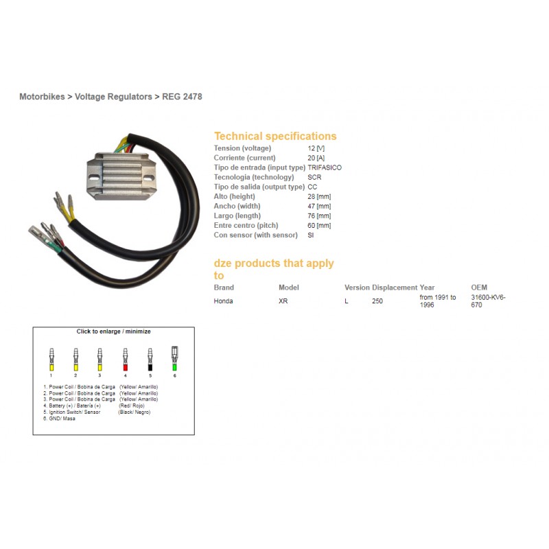 DZE REGULATOR NAPIĘCIA HONDA XR 250L '91-'96 (31600-KV6-670) (12V/20A)