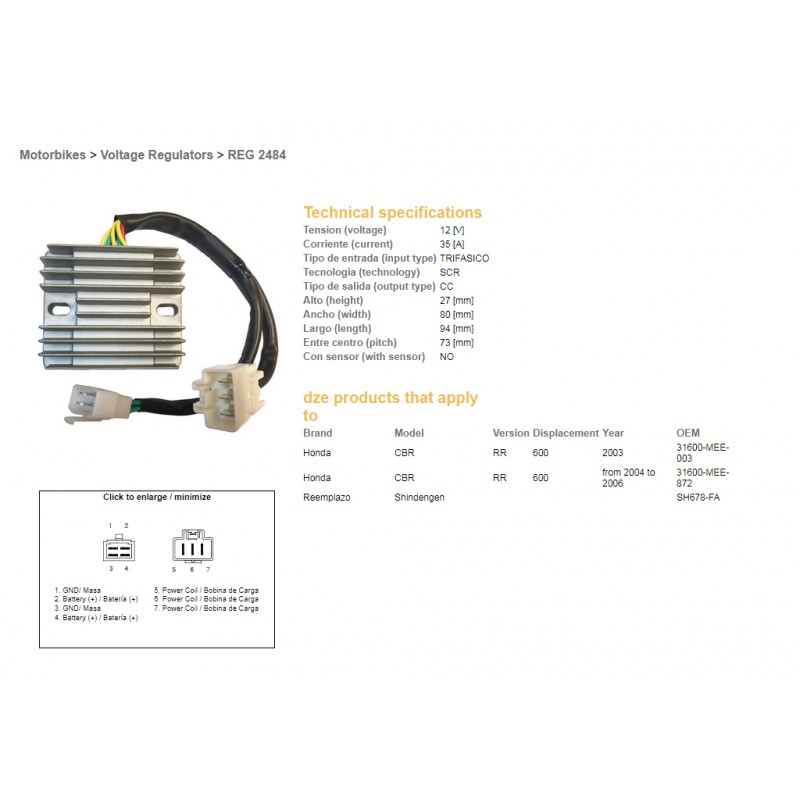 DZE REGULATOR NAPIĘCIA HONDA CBR600RR '03-'06 (SH678-FA) (31600-MEE-872)