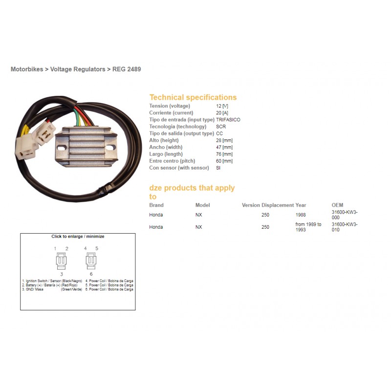 DZE REGULATOR NAPIĘCIA HONDA NX250 '88-93 (31600-KW3-000, 31600-KW3-010)