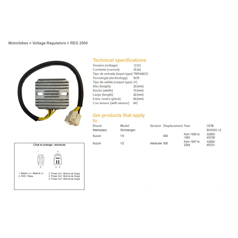 DZE REGULATOR NAPIĘCIA SUZUKI VZ800 '97-04, VX800 '90-93 (SH535C-12) (32800-45C00, 32800-45C01) (ESR560)