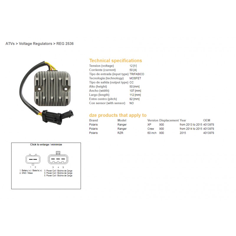 DZE REGULATOR NAPIĘCIA POLARIS RANGER 900 XP/CREW/60 '13-'15 MOSFET - 50A (4013978) (ESR829)