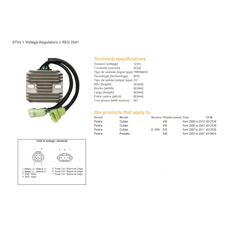 DZE REGULATOR NAPIĘCIA POLARIS PREDATOR 500 '03-'07, OUTLAW 400/500/525 '06-'11 12V 35A (OEM-4010654, 4012536) (ESR541)