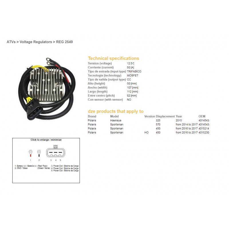 DZE REGULATOR NAPIĘCIA POLARIS SPORTSMAN 450 '16-'17, 570 '14-'17, HAWKAYE 325 '15 (4014543, 4015214, 4015230) MOSFET - 50A