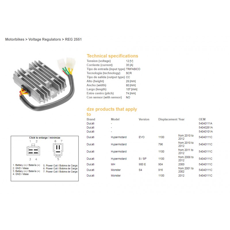 DZE REGULATOR NAPIĘCIA DUCATI 600/620/748/750/796/800/900/916/944/992/996/1000/1100 12V 35A (54040111C, SH579-B11) (ESR532) - ZA