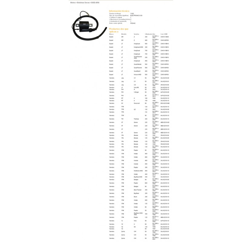 DZE CEWKA ZAPŁONOWA SUZUKI DRZ 400 '00-'12, KING QUAD 700/750 '05-'13, YAMAHA GRIZZLY/RAPTOR/KODIAK 350/400/450/600/660