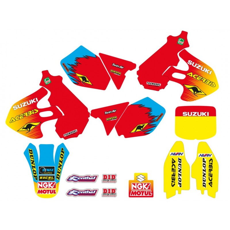 TECNOSEL KOMPLET NAKLEJEK (OKLEIN) + POKROWIEC/POSZYCIE NA SIEDZENIE SUZUKI RM 125/250 '99-'00, REPLICA TEAM SUZUKI '99