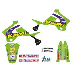 TECNOSEL KOMPLET NAKLEJEK (OKLEIN) + POKROWIEC/POSZYCIE NA SIEDZENIE KAWASAKI KX 125/250 '94-'98, REPLICA TEAM KAWASAKI '98